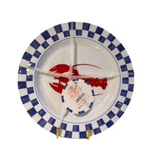 Set 4 LOBSTER CHECK Melamine 11" Dinner Plate Samba Blue White Checkered Rim NEW